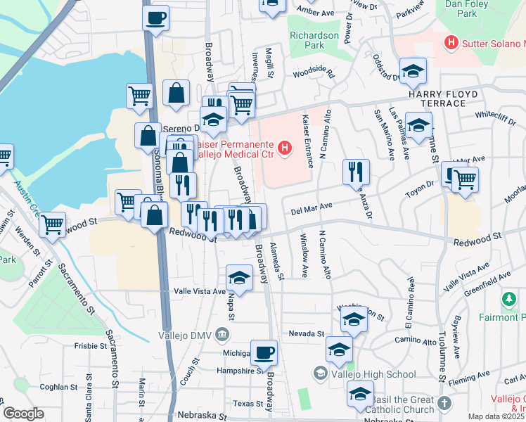 map of restaurants, bars, coffee shops, grocery stores, and more near 2536 Alameda Street in Vallejo