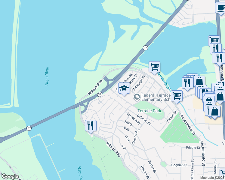 map of restaurants, bars, coffee shops, grocery stores, and more near 968 Sloat Street in Vallejo