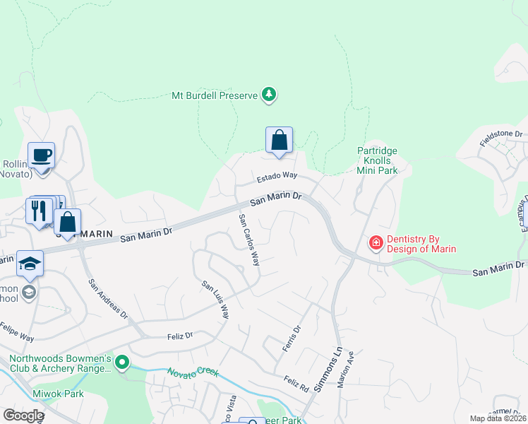 map of restaurants, bars, coffee shops, grocery stores, and more near 416 San Marin Drive in Novato