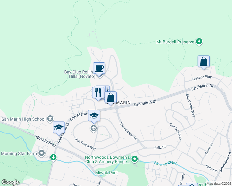 map of restaurants, bars, coffee shops, grocery stores, and more near 10 Andreas Court in Novato
