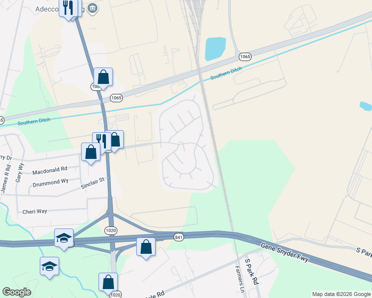map of restaurants, bars, coffee shops, grocery stores, and more near 1322 Glengarry Drive in Louisville