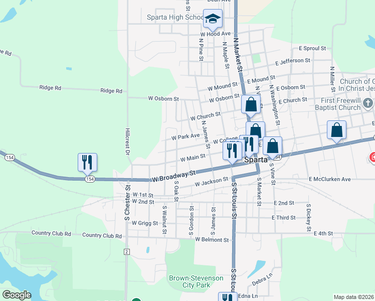 map of restaurants, bars, coffee shops, grocery stores, and more near 327 West College Street in Sparta