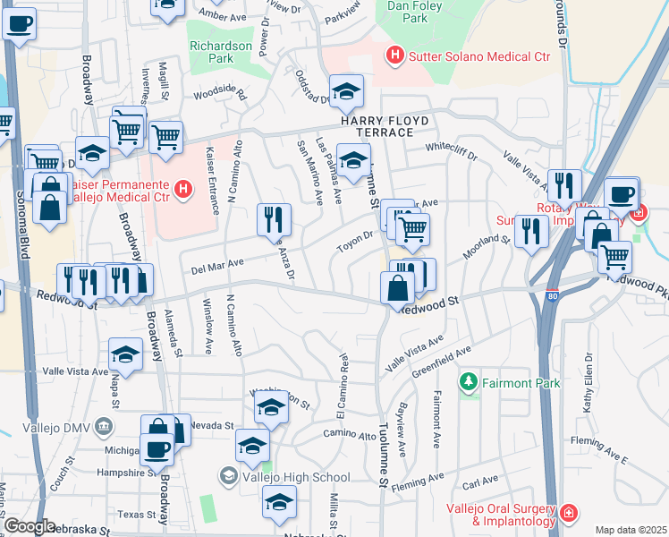 map of restaurants, bars, coffee shops, grocery stores, and more near 128 Toyon Drive in Vallejo