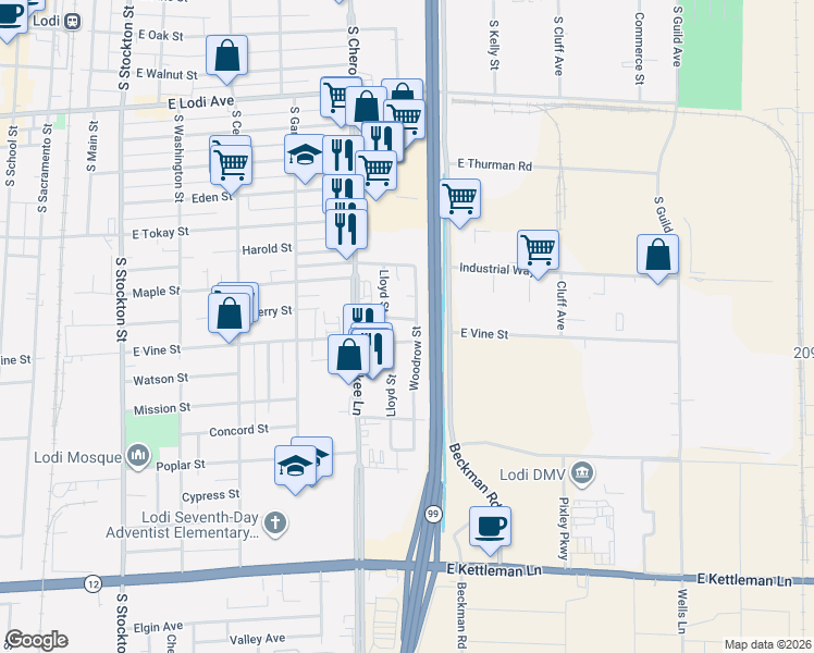 map of restaurants, bars, coffee shops, grocery stores, and more near 649 Joaquin Street in Lodi