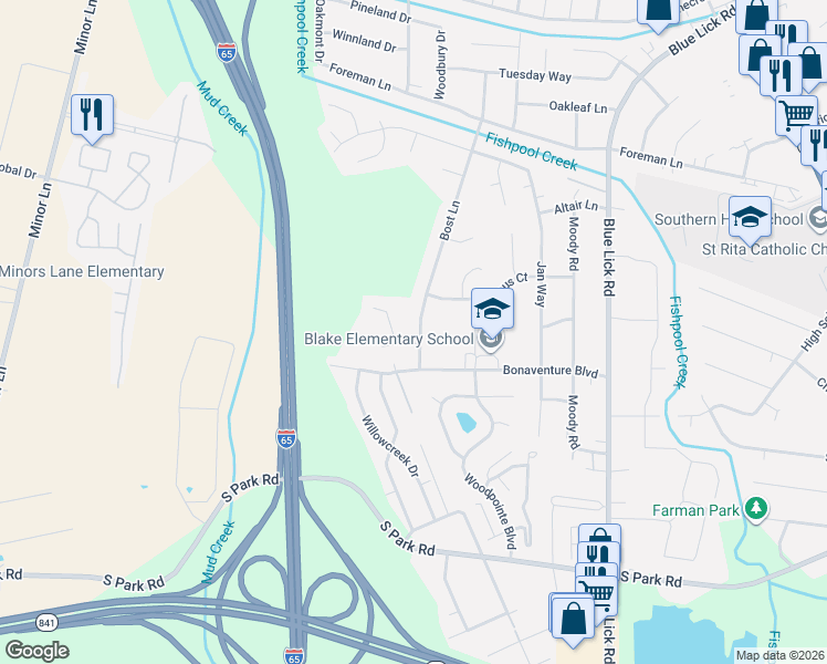 map of restaurants, bars, coffee shops, grocery stores, and more near 8725 Bost Lane in Louisville