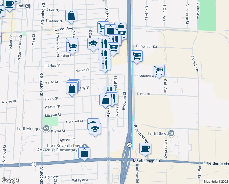 map of restaurants, bars, coffee shops, grocery stores, and more near 820 South Cherokee Lane in Lodi
