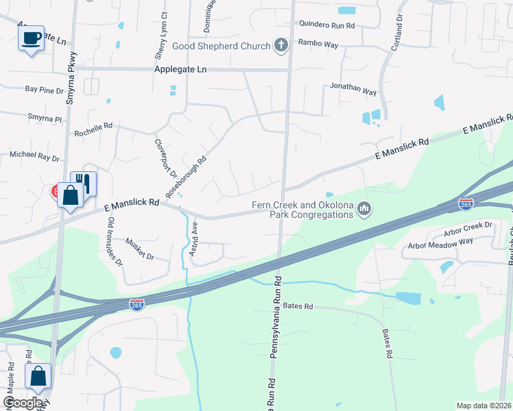 map of restaurants, bars, coffee shops, grocery stores, and more near 7009 East Manslick Road in Louisville