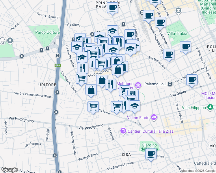 map of restaurants, bars, coffee shops, grocery stores, and more near 11 Via Tommaso Moncada in Palermo