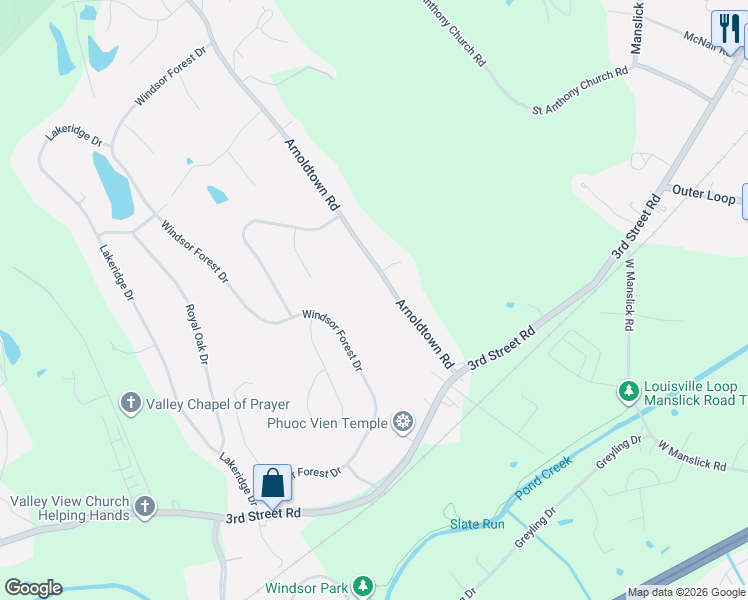 map of restaurants, bars, coffee shops, grocery stores, and more near 8300 Arnoldtown Road in Louisville