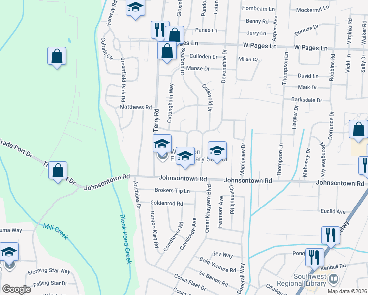 map of restaurants, bars, coffee shops, grocery stores, and more near 8906 Cottingham Way in Louisville