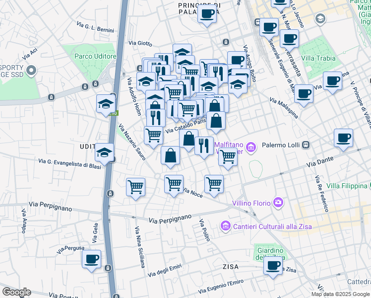 map of restaurants, bars, coffee shops, grocery stores, and more near 109 Via Tommaso Aversa in Palermo