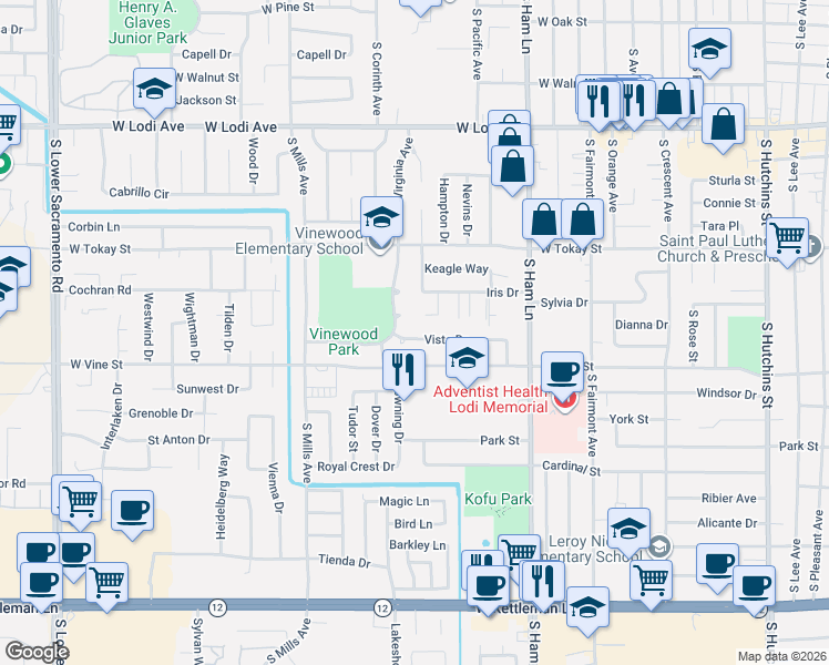 map of restaurants, bars, coffee shops, grocery stores, and more near 826 Virginia Avenue in Lodi