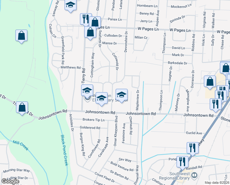 map of restaurants, bars, coffee shops, grocery stores, and more near 9004 Seaforth Drive in Louisville