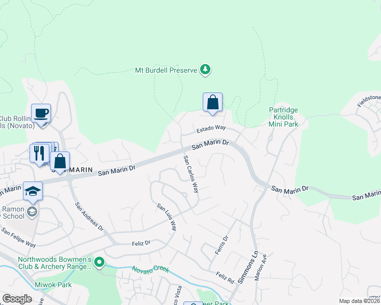 map of restaurants, bars, coffee shops, grocery stores, and more near 416 San Marin Drive in Novato