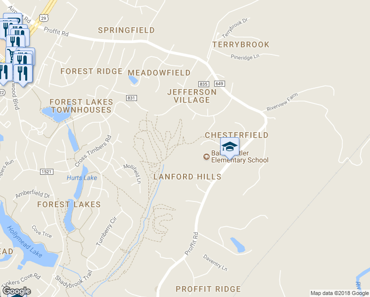 map of restaurants, bars, coffee shops, grocery stores, and more near 2740 Proffit Road in Charlottesville