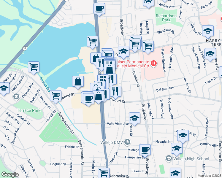 map of restaurants, bars, coffee shops, grocery stores, and more near 3630 Sonoma Boulevard in Vallejo