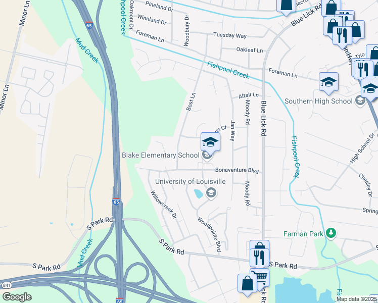 map of restaurants, bars, coffee shops, grocery stores, and more near 8725 Bost Lane in Louisville