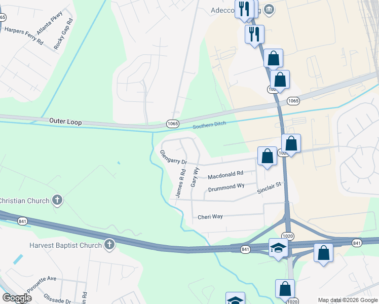 map of restaurants, bars, coffee shops, grocery stores, and more near 8611 James R Road in Louisville