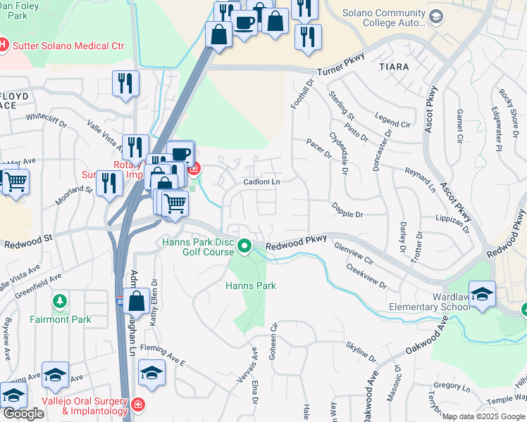 map of restaurants, bars, coffee shops, grocery stores, and more near 473 Buckskin Place in Vallejo