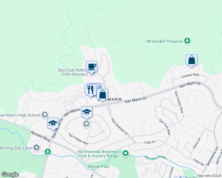map of restaurants, bars, coffee shops, grocery stores, and more near 10 Andreas Court in Novato