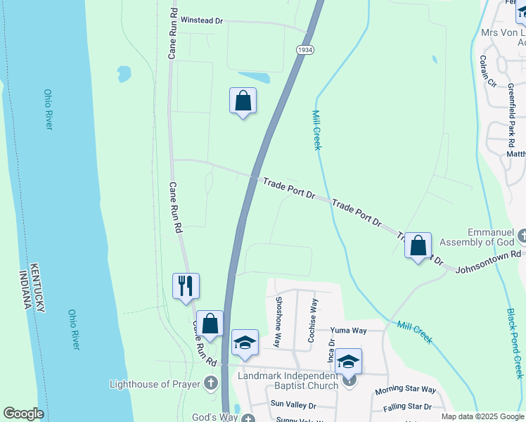 map of restaurants, bars, coffee shops, grocery stores, and more near 7400 Trade Port Drive in Louisville