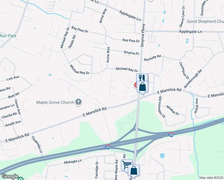 map of restaurants, bars, coffee shops, grocery stores, and more near 8521 Gregory Way in Louisville