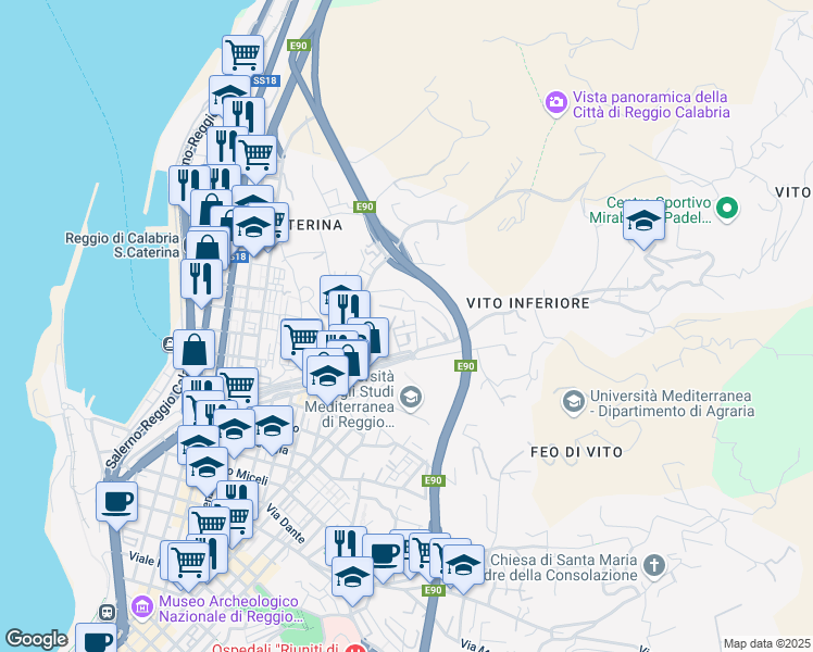 map of restaurants, bars, coffee shops, grocery stores, and more near 7 Via Manfroce Trav. Iii De Nava in Reggio Calabria