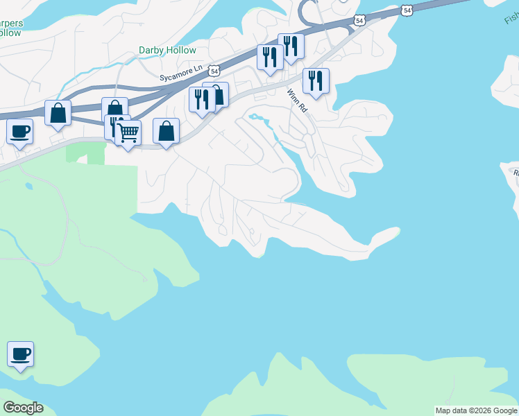 map of restaurants, bars, coffee shops, grocery stores, and more near Lake Road 54-49 in Osage Beach