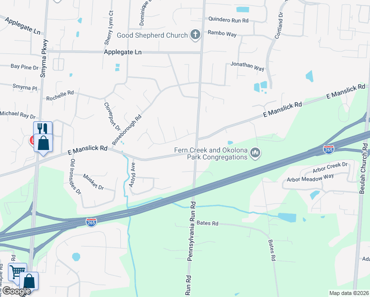map of restaurants, bars, coffee shops, grocery stores, and more near 7009 East Manslick Road in Louisville