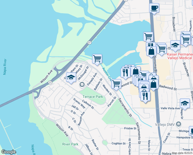 map of restaurants, bars, coffee shops, grocery stores, and more near 720 Daniels Avenue in Vallejo