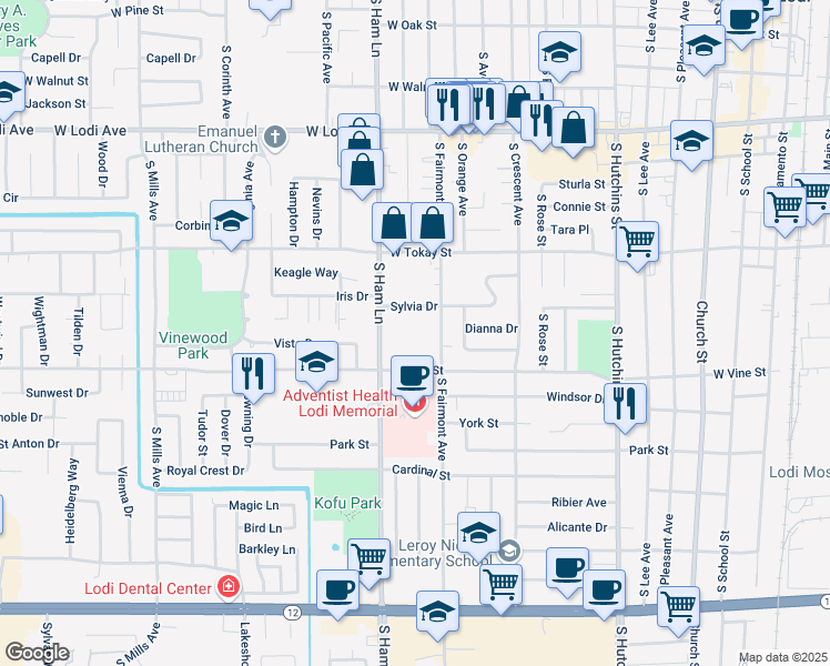 map of restaurants, bars, coffee shops, grocery stores, and more near 1108 Sylvia Drive in Lodi