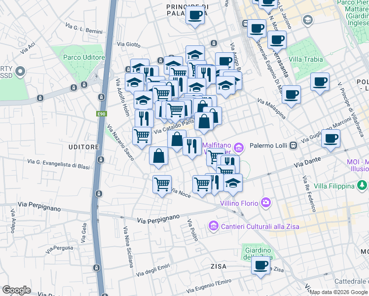 map of restaurants, bars, coffee shops, grocery stores, and more near 11 Via Tommaso Moncada in Palermo