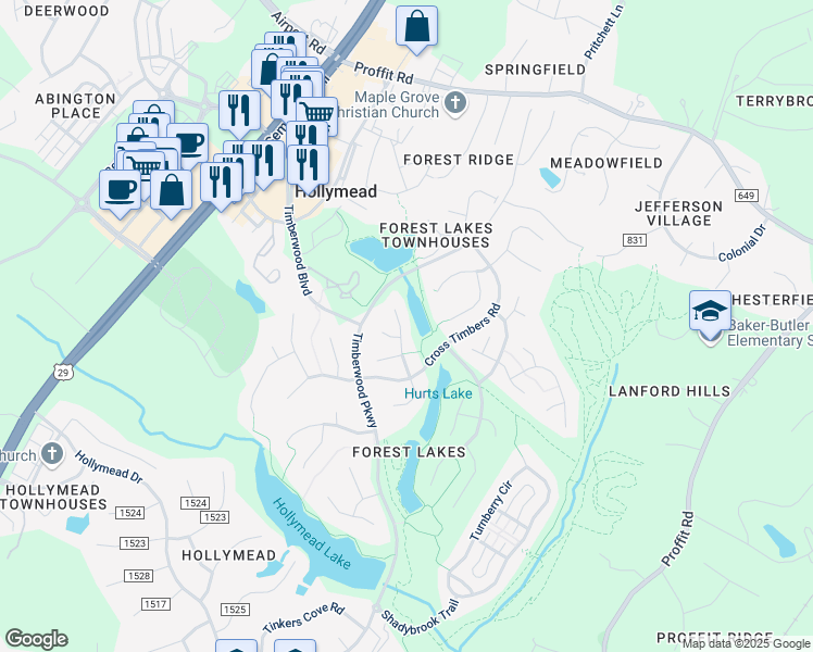 map of restaurants, bars, coffee shops, grocery stores, and more near 3185 Malbon Drive in Charlottesville