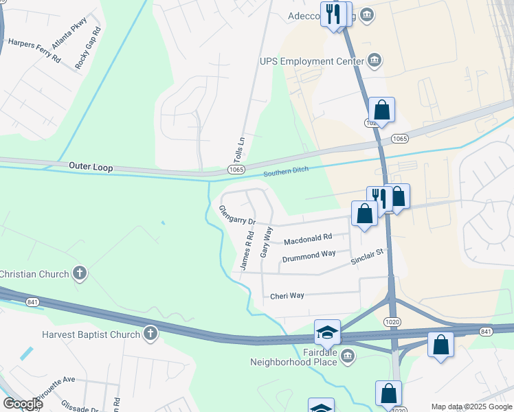 map of restaurants, bars, coffee shops, grocery stores, and more near 8611 James R Road in Louisville