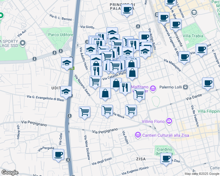 map of restaurants, bars, coffee shops, grocery stores, and more near 109 Via Tommaso Aversa in Palermo