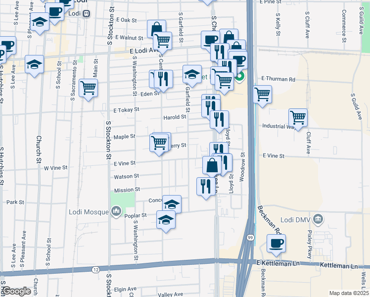 map of restaurants, bars, coffee shops, grocery stores, and more near 823 S Garfield St in Lodi