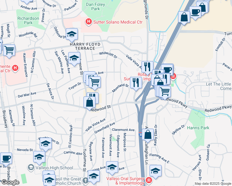 map of restaurants, bars, coffee shops, grocery stores, and more near 156 Fairview Avenue in Vallejo