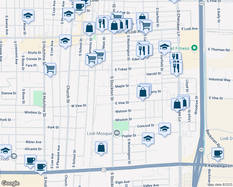 map of restaurants, bars, coffee shops, grocery stores, and more near 209 Cherry St in Lodi