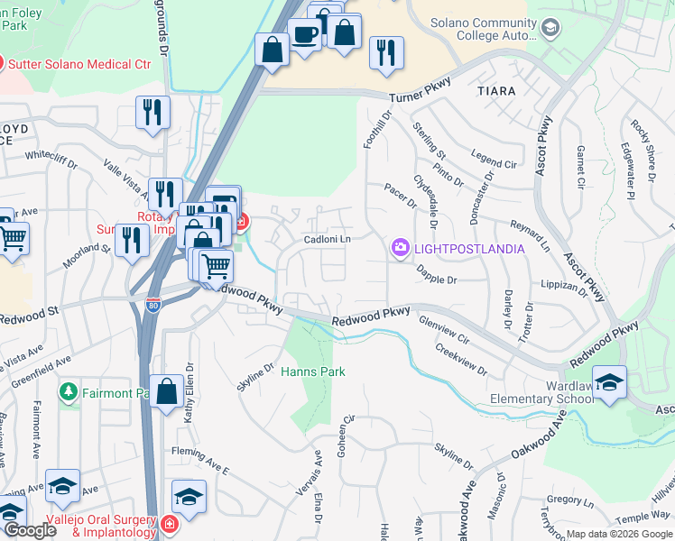 map of restaurants, bars, coffee shops, grocery stores, and more near 157 Hidden Trail Lane in Vallejo