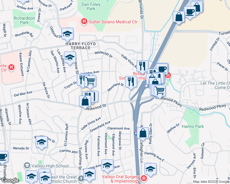 map of restaurants, bars, coffee shops, grocery stores, and more near 156 Fairview Avenue in Vallejo