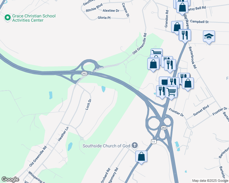 map of restaurants, bars, coffee shops, grocery stores, and more near 186 Fairfield Drive in Staunton