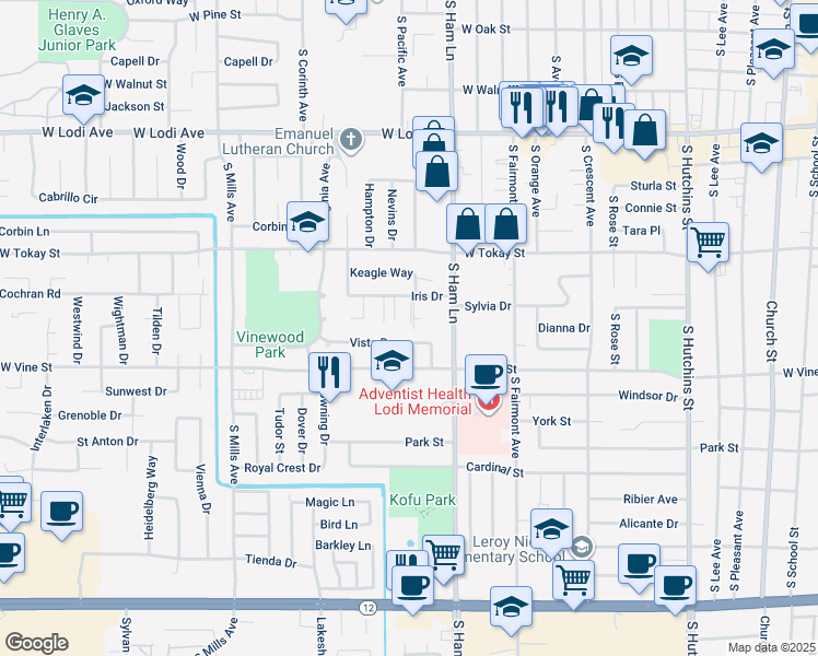 map of restaurants, bars, coffee shops, grocery stores, and more near 1426 Iris Drive in Lodi