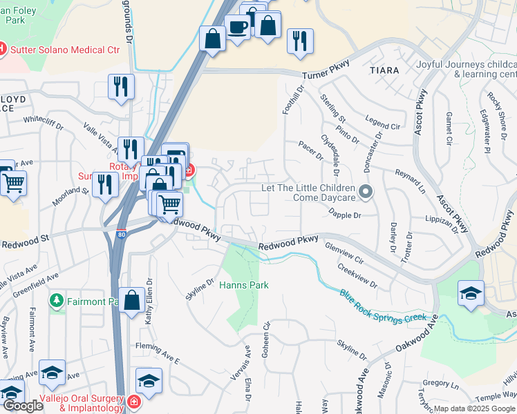 map of restaurants, bars, coffee shops, grocery stores, and more near 157 Hidden Trail Lane in Vallejo