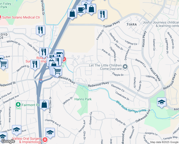 map of restaurants, bars, coffee shops, grocery stores, and more near 157 Hidden Trail Lane in Vallejo