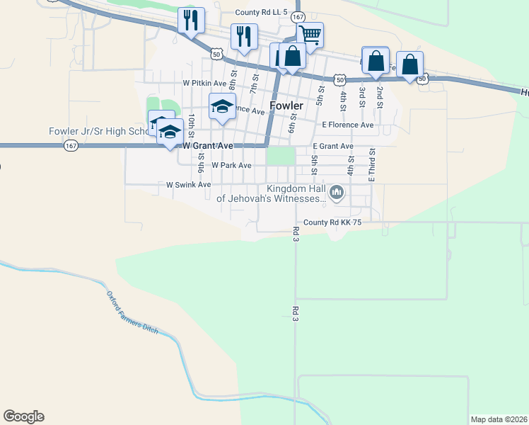 map of restaurants, bars, coffee shops, grocery stores, and more near 921 South Main Street in Fowler