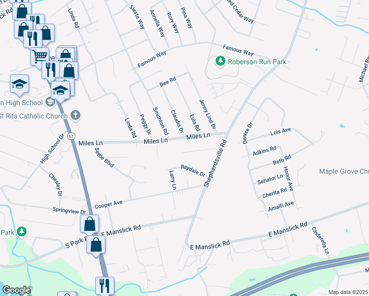 map of restaurants, bars, coffee shops, grocery stores, and more near 1319 Villa Park Drive in Louisville