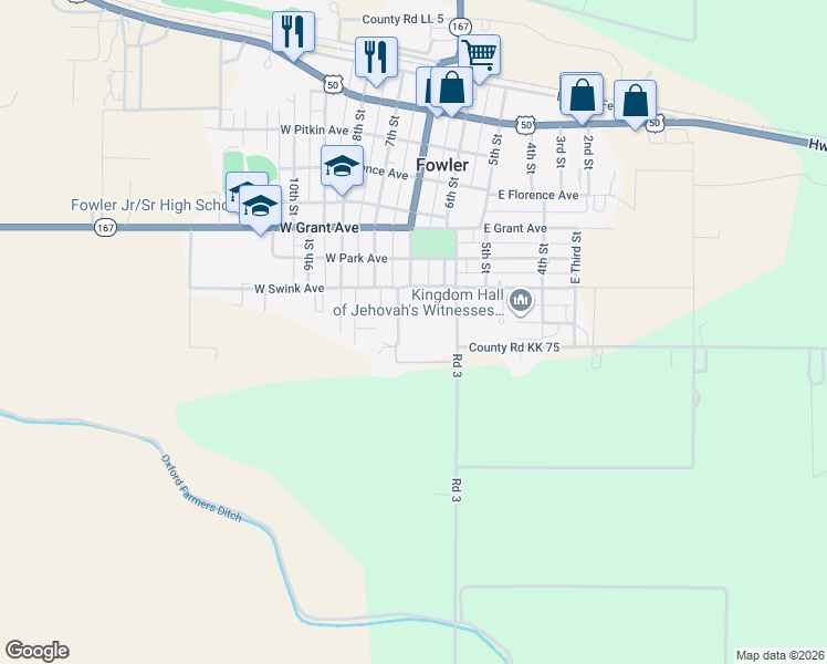 map of restaurants, bars, coffee shops, grocery stores, and more near 921-1025 South Main Street in Fowler