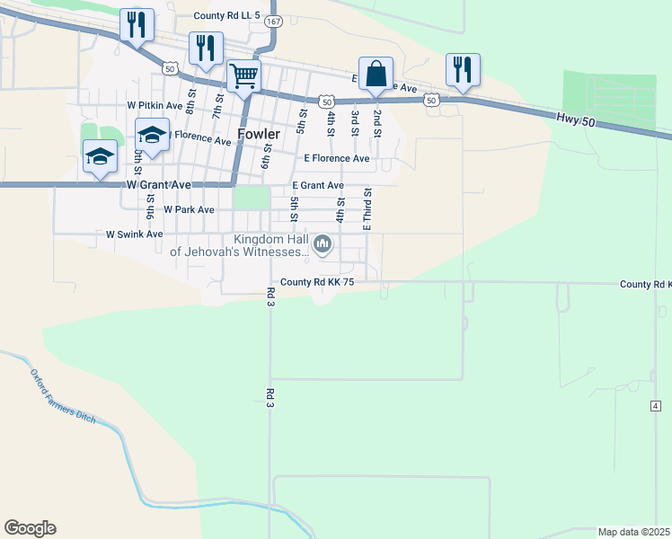 map of restaurants, bars, coffee shops, grocery stores, and more near 901-999 4th Street in Fowler
