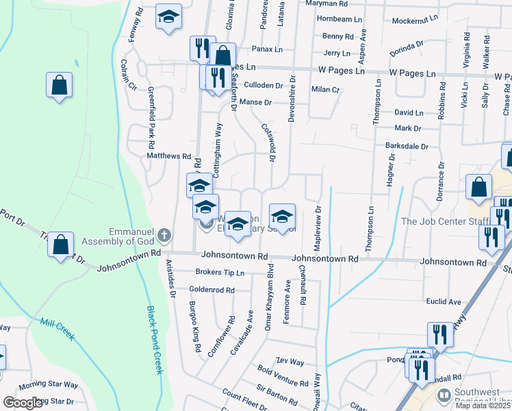 map of restaurants, bars, coffee shops, grocery stores, and more near 9004 Seaforth Drive in Louisville