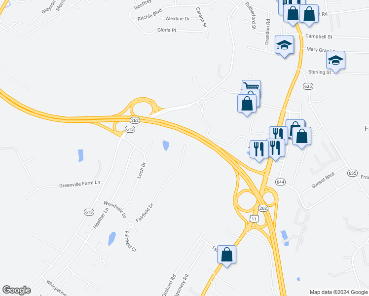 map of restaurants, bars, coffee shops, grocery stores, and more near 188 Fairfield Drive in Staunton